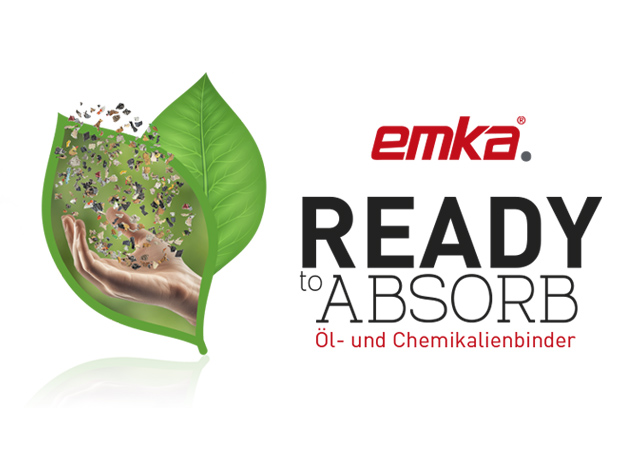 Ready to absorb Logo mit schwebenden losen Lederteilchen in offener Hand vor grünen Blättern